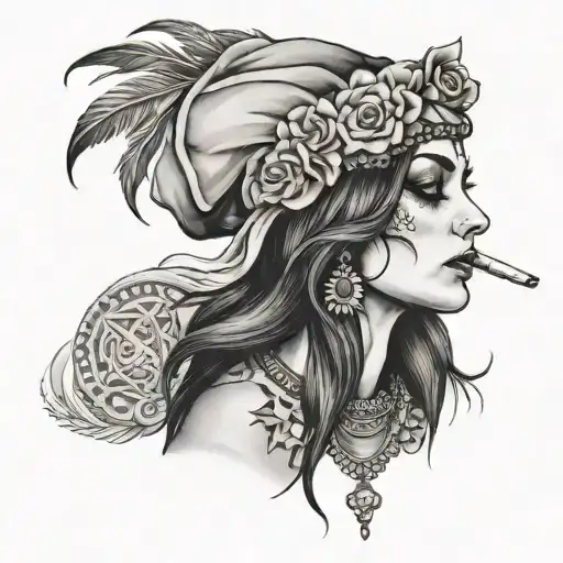 gypsy in tobacco smoke and smoke tattoo design idea