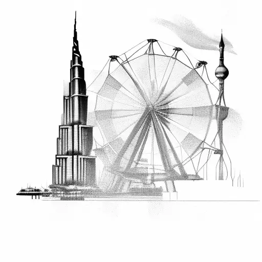 Combination of santa monica ferris wheel, a longtailboat from thailand and burj khalifa tattoo design idea