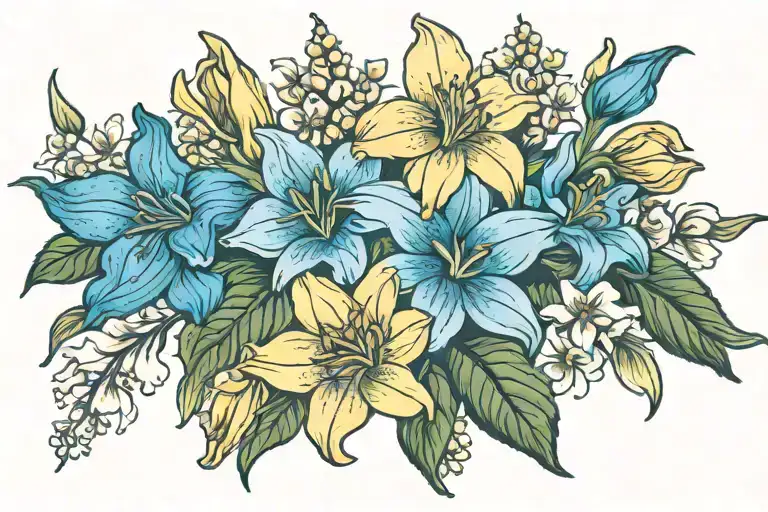 stargazer lily, sunflower, daffodil , hydrangea tattoo design idea