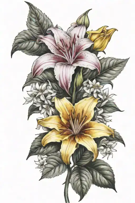 stargazer lily, sunflower, daffodil , hydrangea, rose tattoo design idea