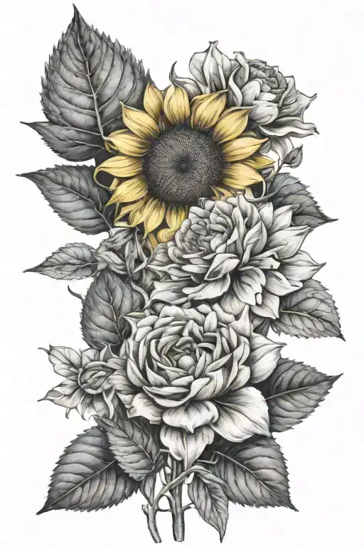 sunflower, daffodil , hydrangea, rose tattoo design idea