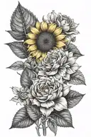 sunflower, daffodil , hydrangea, rose tattoo design idea