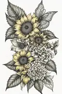 sunflower, daffodil , hydrangea, rose tattoo design idea