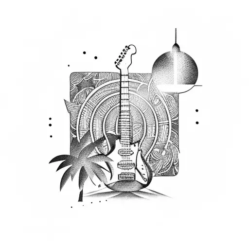 tropical island electric guitar music notes tattoo design idea