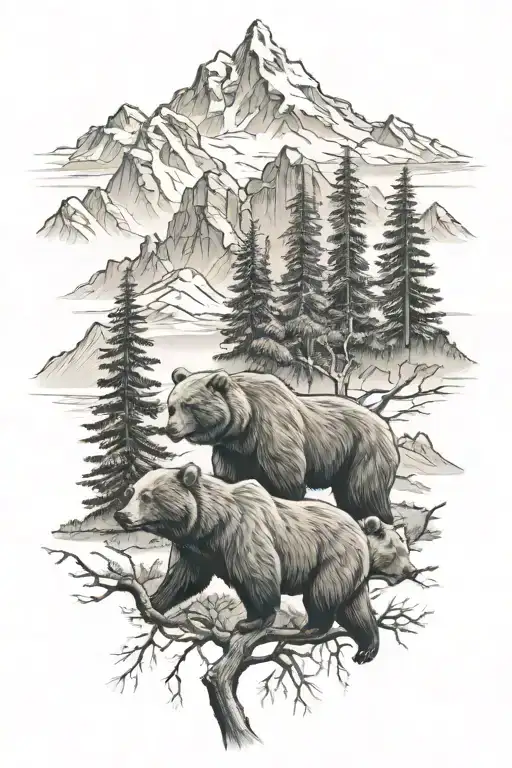 3 Bears with trees and mountains tattoo design idea