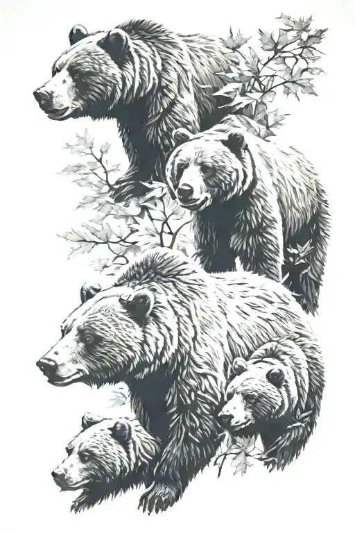 Three grizzley bears surrounded by maple tattoo design idea