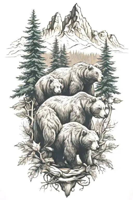 3 Bears with trees and mountains inside representing the client's love tattoo design idea