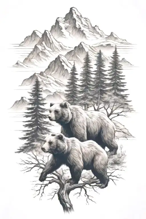 3 Bears with trees and mountains tattoo design idea