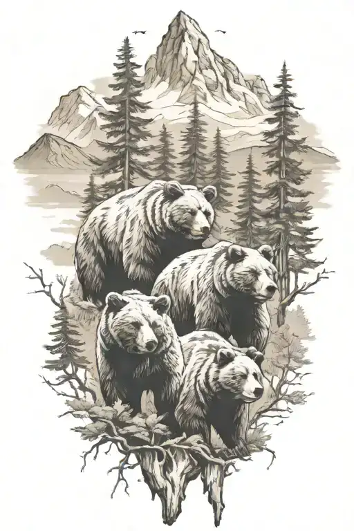 3 Bears with trees and mountains tattoo design idea