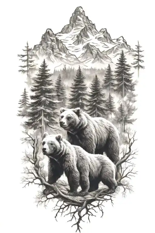 3 Bears with trees and mountains inside tattoo design idea