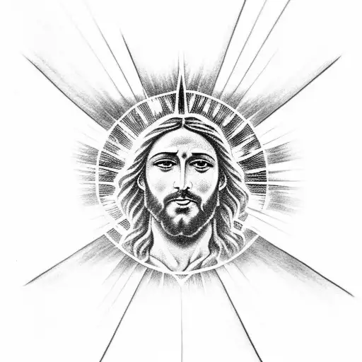 A powerful image of Jesus surrounded by rays of light, symbolizing divine presence and guidance. tattoo design idea