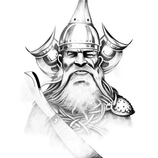 Black-grey tattoo of a Viking god holding a chef's knife tattoo design idea