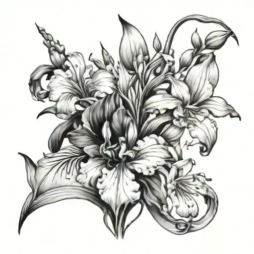 iris, gladiolus, morning glory, snowdrop, lily of the valley intertwined   tattoo design idea