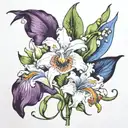 iris, gladiolus, morning glory, snowdrop, lily of the valley intertwined   tattoo design idea