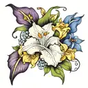iris, gladiolus, morning glory, snowdrop, lily of the valley intertwined   tattoo design idea