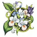 iris, gladiolus, morning glory, snowdrop, lily of the valley intertwined   tattoo design idea