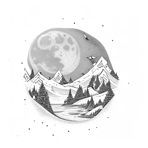 Forearm, Snow capped peak, moon, river flowing, houses, flock of birds tattoo design idea