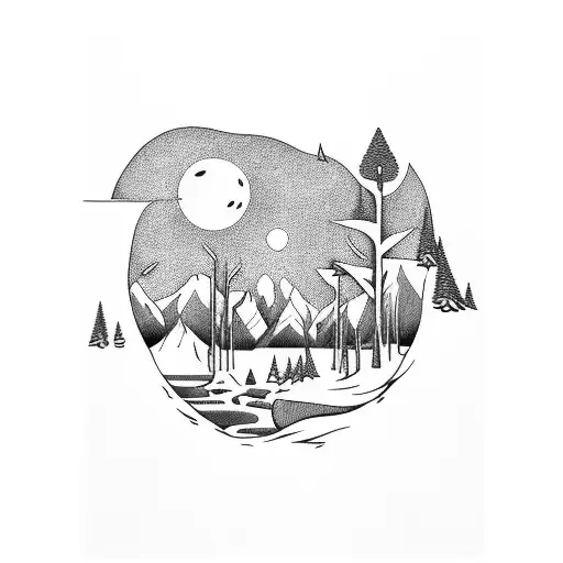 forest,snow capped mountains, crescent moon, houses, river flowing,hiking people,animals, valley  tattoo design idea