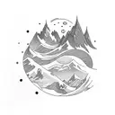 Forearm, Snow capped peak, moon, river flowing, houses, flock of birds tattoo design idea