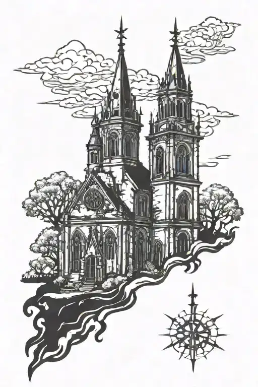 burning church silhouette tattoo design idea
