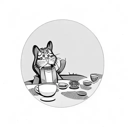 A comic book style scene of Garfield lounging in a coffee mug surrounded by nature tattoo design idea