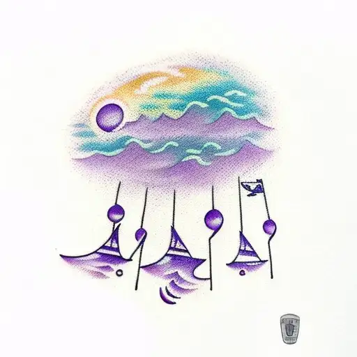 A traditional-style tattoo of a purple rainstorm over a beach scene, with musical notes floating in the sky tattoo design idea