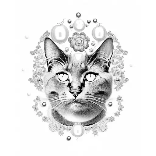 A mystical black cat adorned with shimmering pearls and delicate flowers tattoo design idea