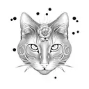 A mystical black cat adorned with shimmering pearls and delicate flowers tattoo design idea
