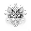 A mystical black cat adorned with shimmering pearls and delicate flowers tattoo design idea