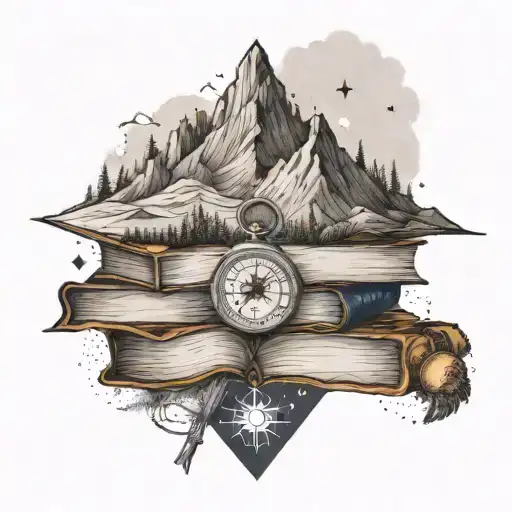 A stack of books forming a mountain peak, with a hiking trail leading up to it and a compass in the foreground tattoo design idea