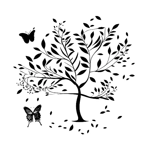 orange tree with butterflies flying  tattoo design idea