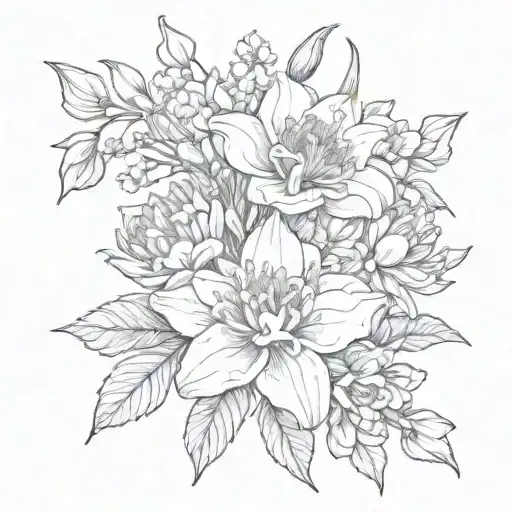 bouquet of aster, narcissus, gladiolus, peony flowers tattoo design idea