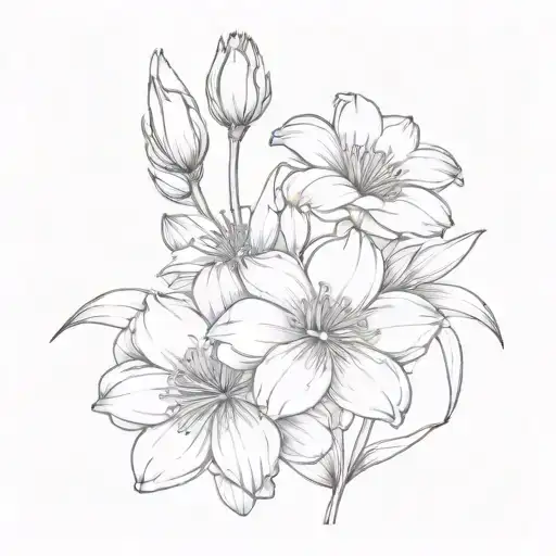bouquet of aster, narcissus, gladiolus, peony flowers tattoo design idea