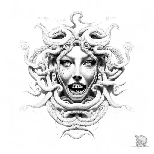 Medusa, real hair, cleavage, teeth, blood tattoo design idea