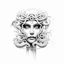 Medusa, real hair, cleavage, teeth, blood tattoo design idea
