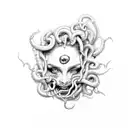 Medusa, real hair, cleavage, teeth, blood tattoo design idea