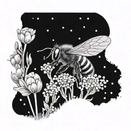 A dotwork design of a bee flying among a field of wildflowers tattoo design idea
