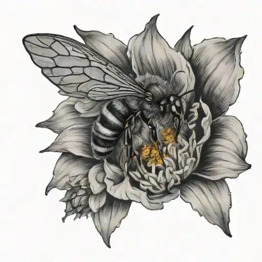 A detailed black and grey tattoo of a bee pollinating a flower with intricate botanical elements tattoo design idea