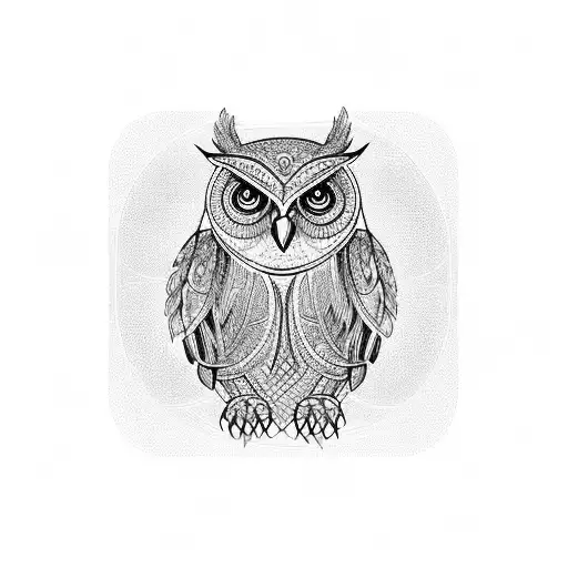 An owl drawn from the front, with geometric shapes coming out of it blackwork tattoo design idea