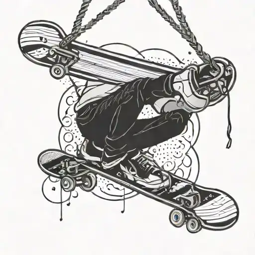 black and white lines skateboard hanging from a rope like he commit suicide tattoo design idea
