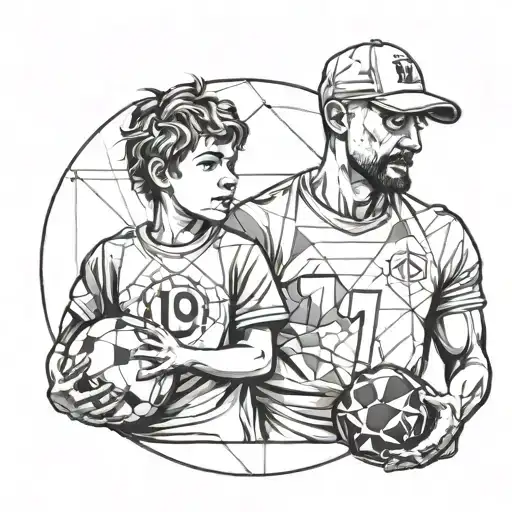 a dad with the number 19 on his shirt and a son together with a ball tattoo design idea