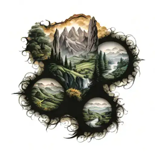 lotr landscape sleeve of the shire, fenghorn forest, eye of sauron, rivendell, king's pass and lonely montain  tattoo design idea