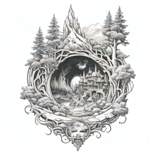 lord of the rings rivendell, the shire, eye of sauron , lonely montain, king's pass, fenghorn forest, ents, dawrves  tattoo design idea