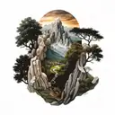 lotr landscape sleeve of the shire, fenghorn forest, eye of sauron, rivendell, king's pass and lonely montain  tattoo design idea