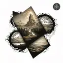 lotr landscape sleeve of the shire, fenghorn forest, eye of sauron, rivendell, king's pass and lonely montain  tattoo design idea