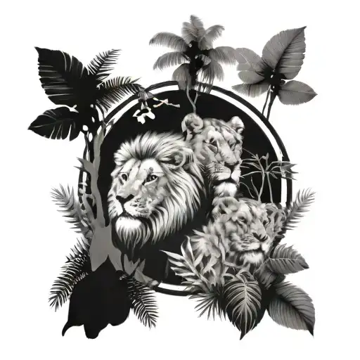 jungle forest with trees and lion and lioness tattoo design idea