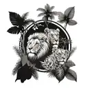 jungle forest with trees and lion and lioness tattoo design idea
