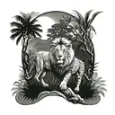 jungle forest with trees and lion and lioness tattoo design idea