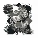 jungle forest with trees and lion and lioness tattoo design idea