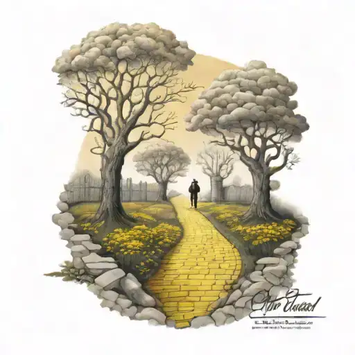 yellow brick road leading to the gates of heaven holding hands tattoo design idea